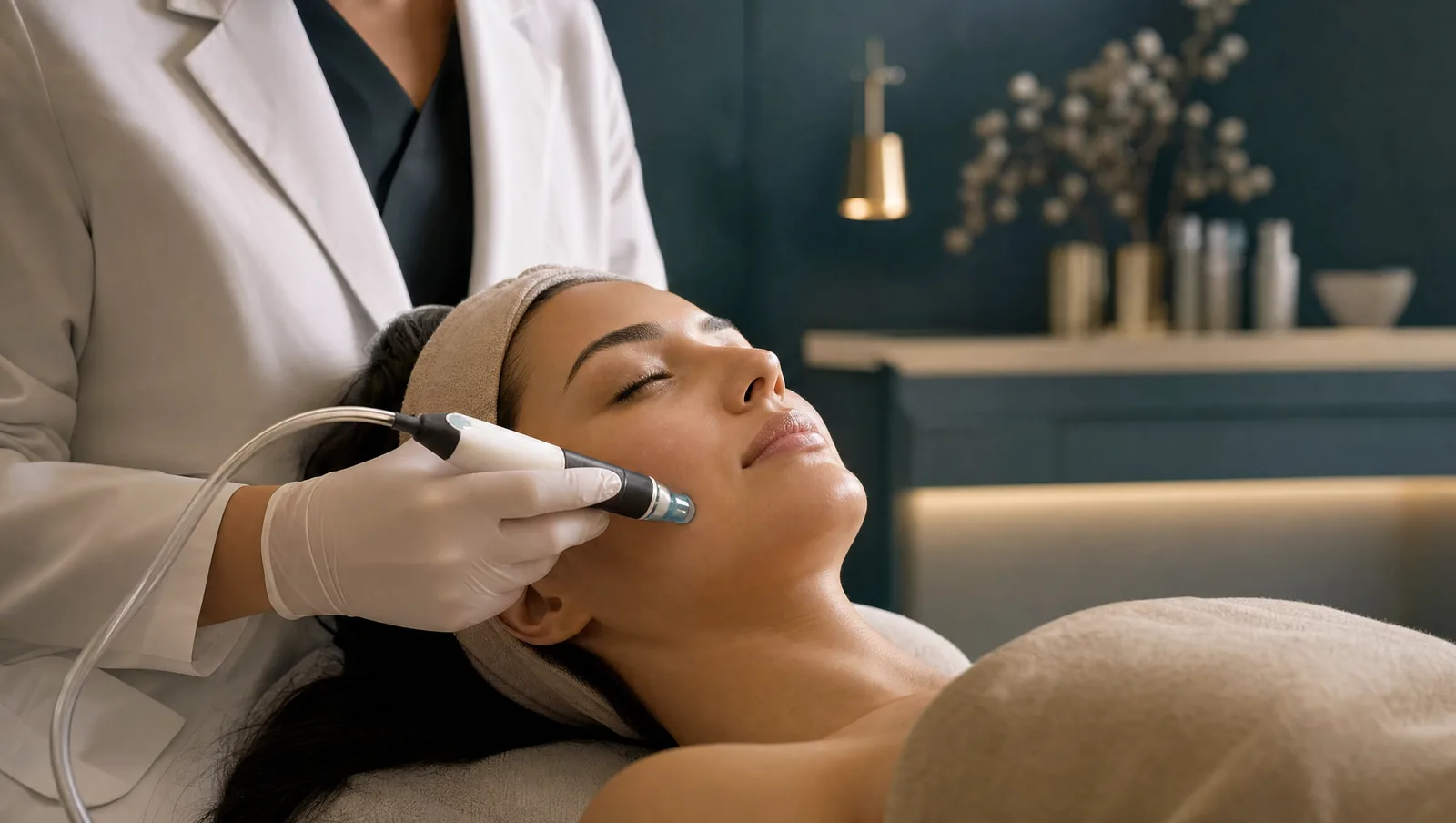 Specialista curata tenul unei cliente, cu manusi, la o sedinta de curatare faciala